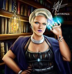 a painting of a woman holding a crystal ball in front of a bookshelf