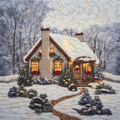 a painting of a house in the snow with christmas wreaths and lights on it