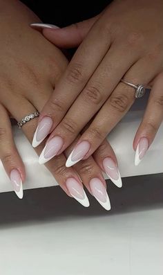 College Nails Ideas Almond, Long Almond White French Tip Nails, Pointy White French Tip Nails, Frenchies Acrylic Nails Almond, White On White French Almond Nails, Almond Nails Designs Easy, Nails Design 2025, French Manicure Styles, New York Aesthetic Nails