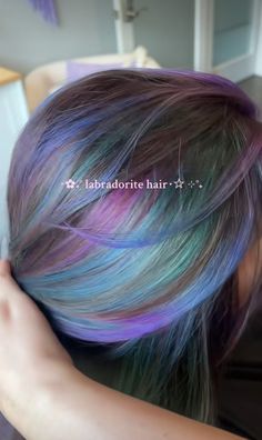 Aqua And Purple Hair, Dark Blue With Light Blue Highlights, Pink And Blue Highlights In Brown Hair, Oil Spill Hair Dye, Blue And Blonde Highlights, Different Hair Dye Styles, Rare Hair Colors, Pigeon Hair, Oil Spill Hair