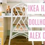 there is a white desk and chair in the room with pink lettering on it that says ikea ha dollhouse alex d