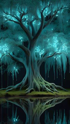 a painting of a tree with lights on it's branches and water in the foreground