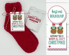 two christmas stocking tags, one with santa's hat and the other with reindeer socks