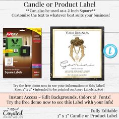 an advertisement for a candle or product label with the text, customize the text to whatever suits your business