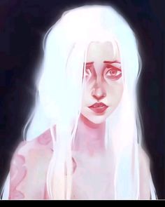 a woman with long white hair and red eyes