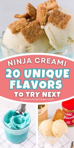 several different flavors of ice cream with text overlay that reads, ninja cream 20 unique flavors to try next