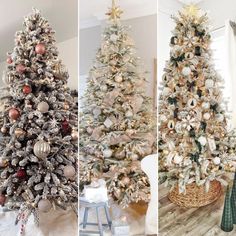 three different types of christmas trees in various styles and colors, all decorated with ornaments