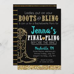 boots and bling birthday party card with gold glitter on the bottom, black background