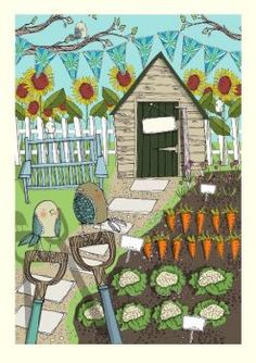 an illustration of a garden with carrots and birds