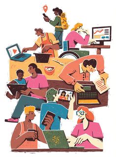 an illustration of people using laptops and tablets