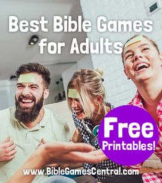 three people sitting on a couch with the text best bible games for adults free printables