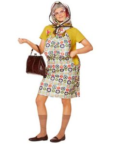 a woman in an apron is holding a purse and posing for the camera with her hands on her hips