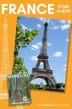 the eiffel tower is shown in front of an orange background with text that reads france for kids