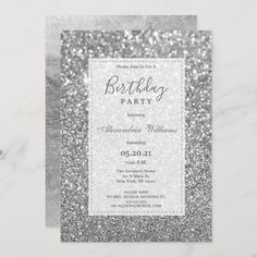 a silver glitter birthday party card