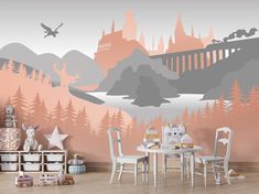 a children's room decorated in pink and grey with an image of hogwarts castle on the wall