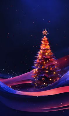 a brightly lit christmas tree in the middle of blue and pink waves with stars on top