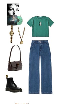 a green shirt and jeans outfit with accessories