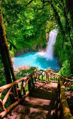 stairs lead up to a waterfall in the woods with blue water running down it's sides