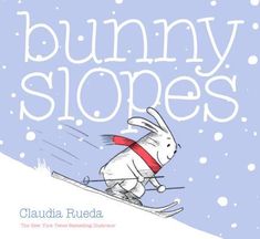 the bunny is skiing down the hill with snow falling on him and his name written in white