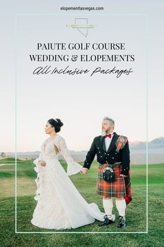 a man and woman in kilts holding hands with the caption paule golf course wedding & elopements all inclusive packages