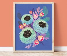 an art print of flowers on a blue background with pink and orange walls in the corner