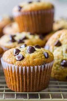 chocolate chip muffins on a cooling rack with other muffins in the background