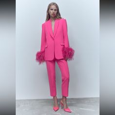 Zara Nwt Minimal High Waist Pants Spring Tapered Leg Pantsuit With Pockets, Chic Pink Bottoms For Winter, Spring Pantsuit With Pockets And Tapered Leg, Chic Pink Winter Bottoms, Tailored Bottoms For Spring Party, Tailored Pink Bottoms For Fall, Tailored Pink Pants For Fall, Spring Zara Trousers Pantsuit, Zara Spring Pantsuit Trousers