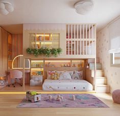 a child's bedroom with bunk beds and toys on the floor in front of it