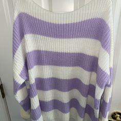 Purple And White Striped Sweater. Thick But Great Quality, Runs Big And Never Worn White Long Sleeve Sweater For Day Out, White Crew Neck Sweater For Day Out, Pink And Purple Clothes, Light Purple Sweater, Purple Sweaters, Lily Purple, White Sweater Outfit, Pastel Sweater, White Striped Sweater