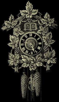 a black and white drawing of a cuckoo clock surrounded by leaves, pine cones and acorns