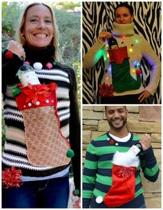 four pictures of people wearing ugly sweaters and christmas stocking decorations, one is holding a cell phone