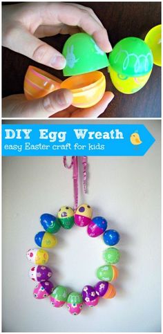 an egg wreath made from plastic eggs with handwritten words on it, and a photo of