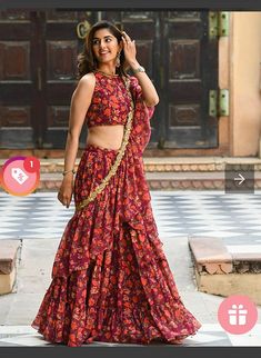 Buy Beautiful Designer Wine Color And Red Flower Printed Lehenga Choli Red Crop Top Lehenga, Ruffle Crop Top Lehenga, Styling Saree, Fusion Saree, Ethnic Lehenga, Stylish Lehenga, Floral Print Saree, Bollywood Designer Sarees, Sari Lehenga