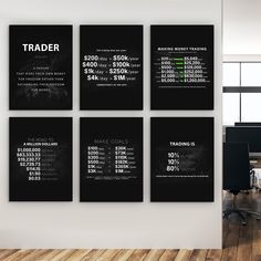 four black and white posters with numbers on them in an office setting, showing the price of each item