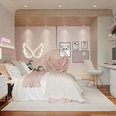 a bedroom decorated in pink and white with lots of lights on the wall above the bed