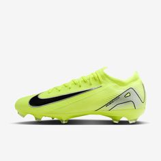 the nike vapor soccer shoe is shown in neon yellow and black, with white accents