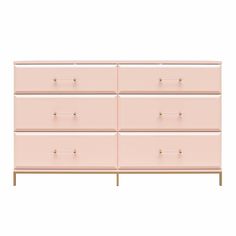 a pink dresser with gold handles and drawers on it's sides, against a white background