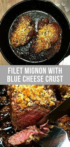 steak with blue cheese crust in a cast iron skillet