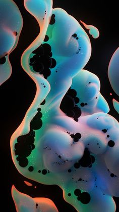 an abstract painting with black and blue colors on it's surface, including bubbles