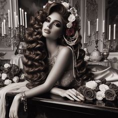 a black and white photo of a woman with long hair sitting on a table surrounded by roses