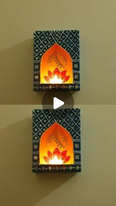 two pictures with the same image on each side, one showing an open fire place