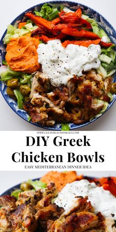 two plates with different types of food on them and the words diy greek chicken bowls