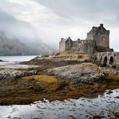 an old castle sitting on top of a rocky cliff next to the ocean with moss growing in front of it