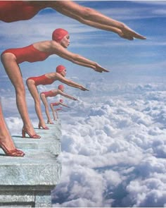 several people are diving into the clouds from a ledge in an image that appears to be floating