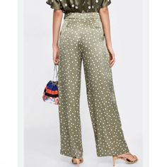 Flowy And Wide Leg Pants. Zipper And Hook-And-Eye Fastening Elegant Polka Dot Bottoms For Workwear, Elegant Polka Dot Bottoms For Work, Casual Polka Dot Bottoms For Party, Polka Dot Casual Party Bottoms, Casual Polka Dot Party Bottoms, Polka Dot Bottoms For Spring Party, Polka Dot Party Bottoms For Spring, Chic High Waist Polka Dot Bottoms, Chic Polka Dot Bottoms For Spring