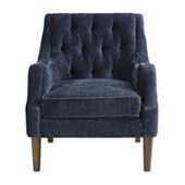 the grey chair is upholstered and ready to be used as a accent piece