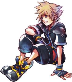 an anime character sitting on the ground with his legs crossed and one foot in the air