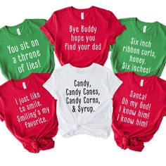 four t - shirts with candy canes and sayings on them