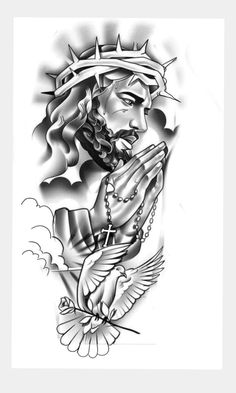 a black and white drawing of jesus holding his hands together with the cross on it