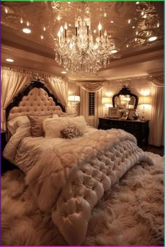 a luxurious bedroom with white fur and chandelier